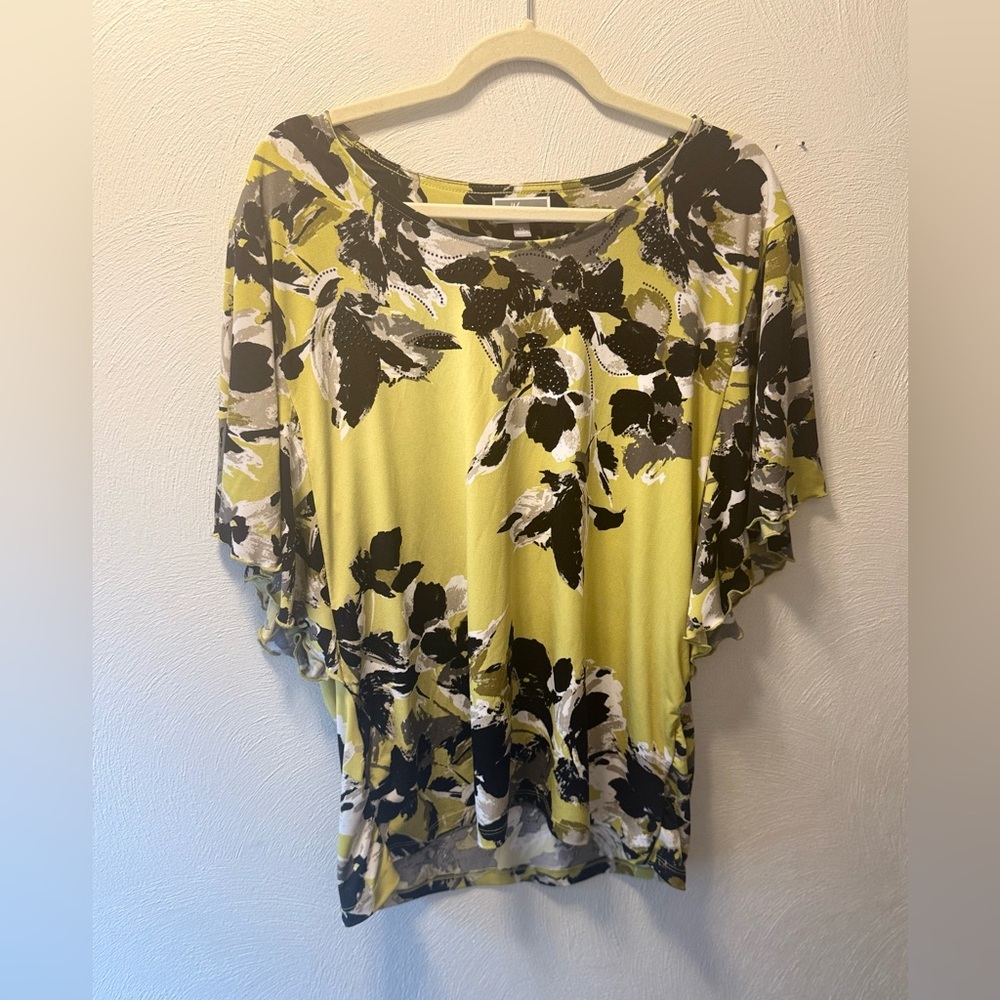 JM Collection Floral Blouse XL Yellow/Green Black Boho Flowy Top Soft Spring